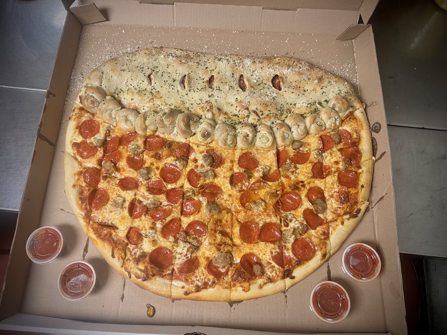 Tri-County Threat split pizza, garlic knot side and pepperoni-sausage side